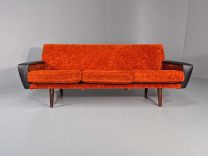 Vintage 3 Seater Sofa Vinyl Orange Velour 1960s Retro Mid Century EB11333 M3SS5