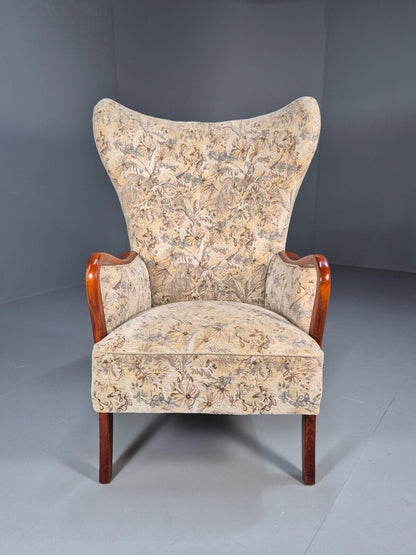 Vintage Danish Lounge Chair Floral Upholstery Beech Frame Retro MCM EB8935 MNOR - UKDK FURNITURE