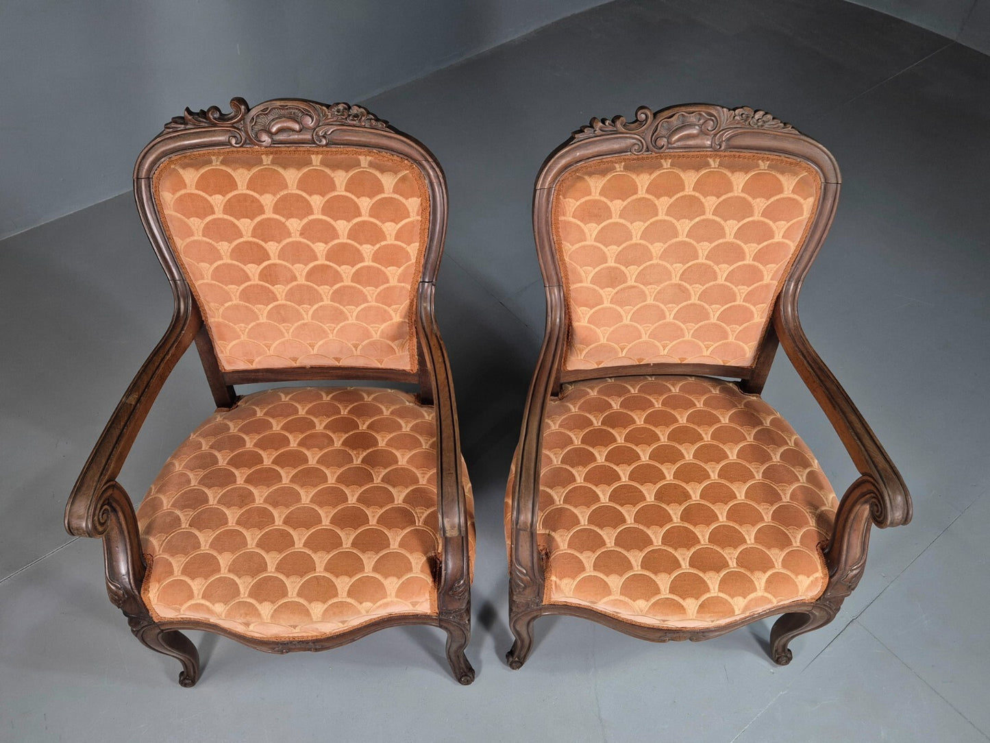 Vintage Fautueil Chairs Orange Upholstery Mahogany Antique  EB7380 VCLO5