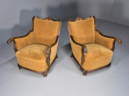 2 Vintage Danish Antique Chairs Gold Velour 1930s Carved Wood EB8969 VCLO - UKDK FURNITURE