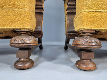 2 Vintage Baroque Armchgairs in Oak and Mustard Moquette 1940s EB9005 VCLO - UKDK FURNITURE
