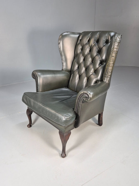 Vintage Chesterfield Armchair Green Leather Pleated Button Back EB9485 VLEA - UKDK FURNITURE