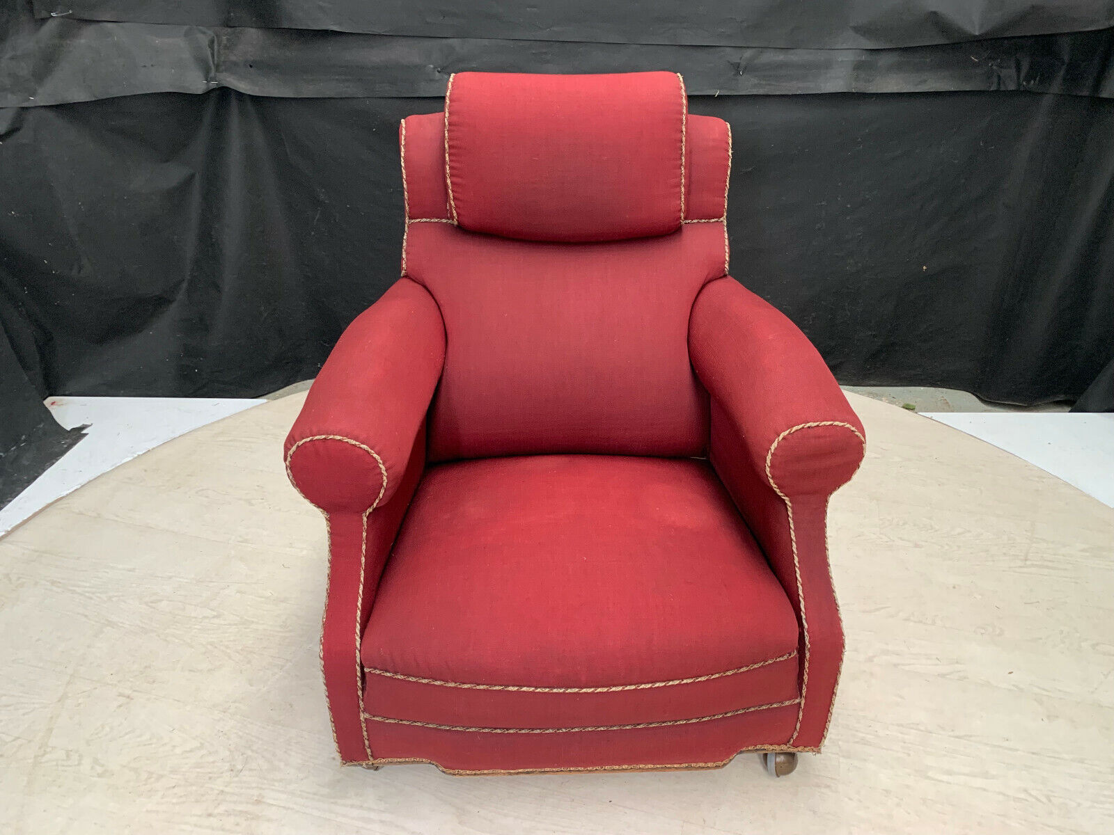 EB2597 Dark Red Fabric Arm Chair with Castors for Reupholstery VintageVCLO - UKDK FURNITURE