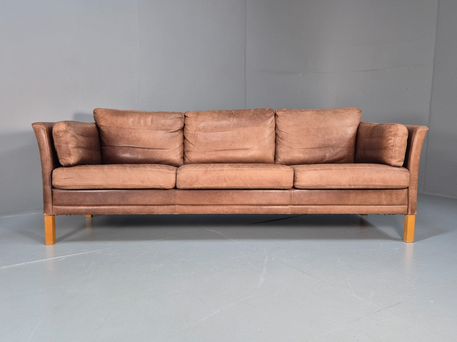 Retro Three Seater Sofa Brown Leather Danish Mid Century Design 70s EB10106 M3SS5