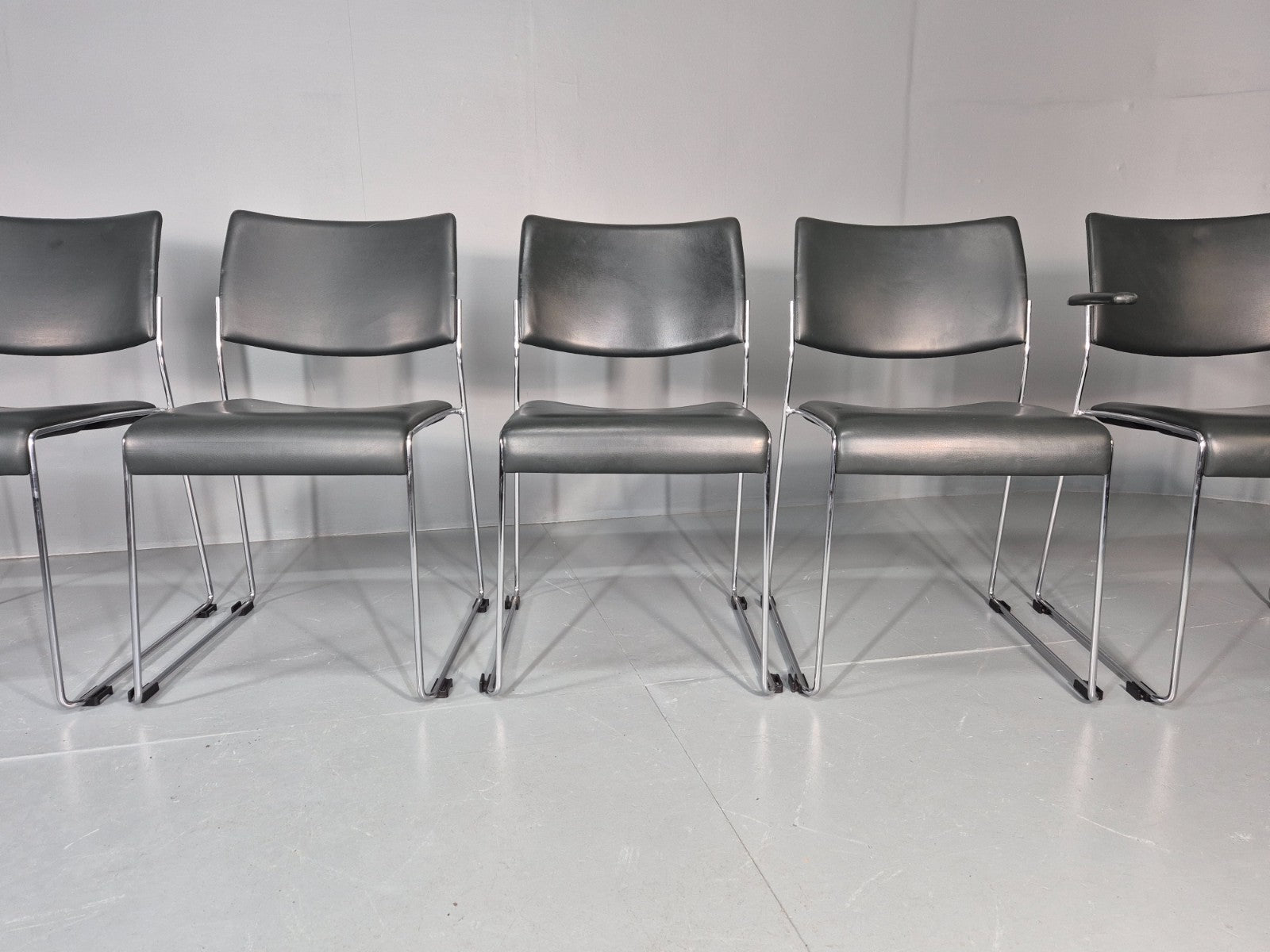 6 Leather Stacking Chairs Brunner Linos Dark Green Chrome Modern EB11734 MSTA10