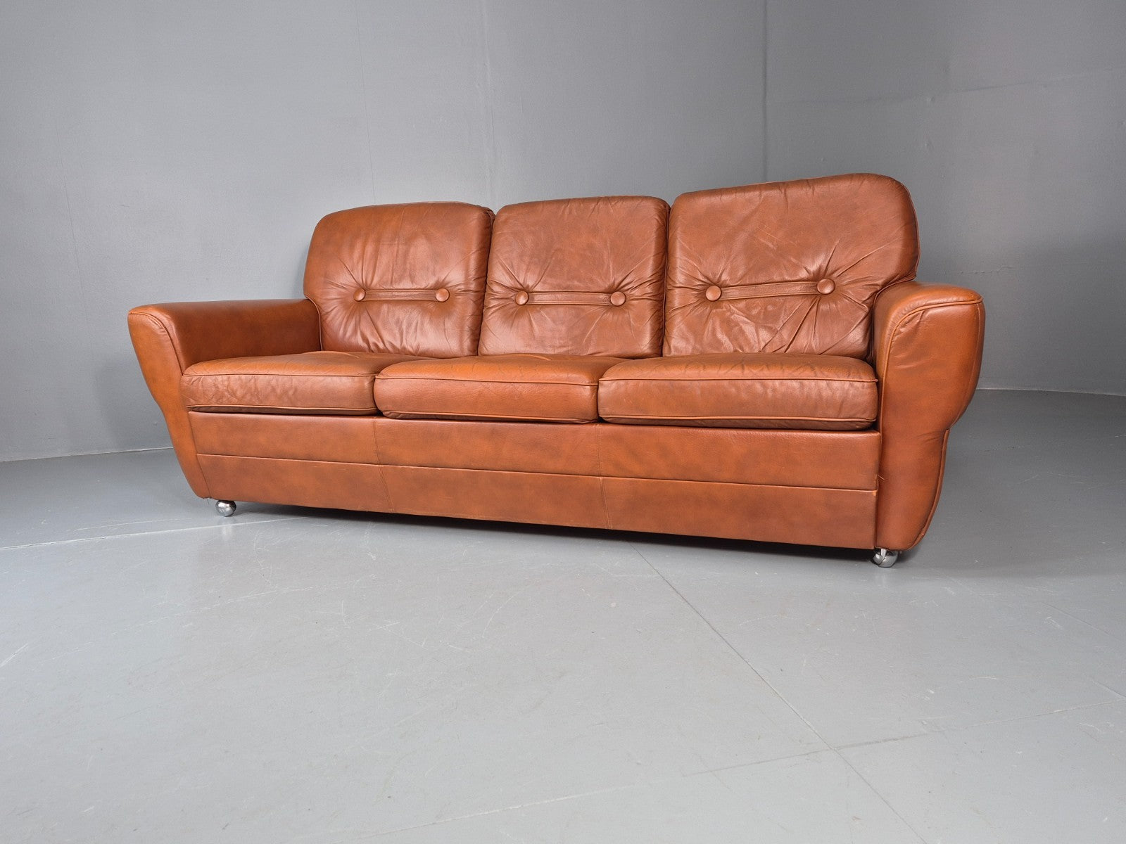 Vintage Danish 3 seater Settee 1970s Danish Tan Leather Retro MCM EB11638 M3SS5