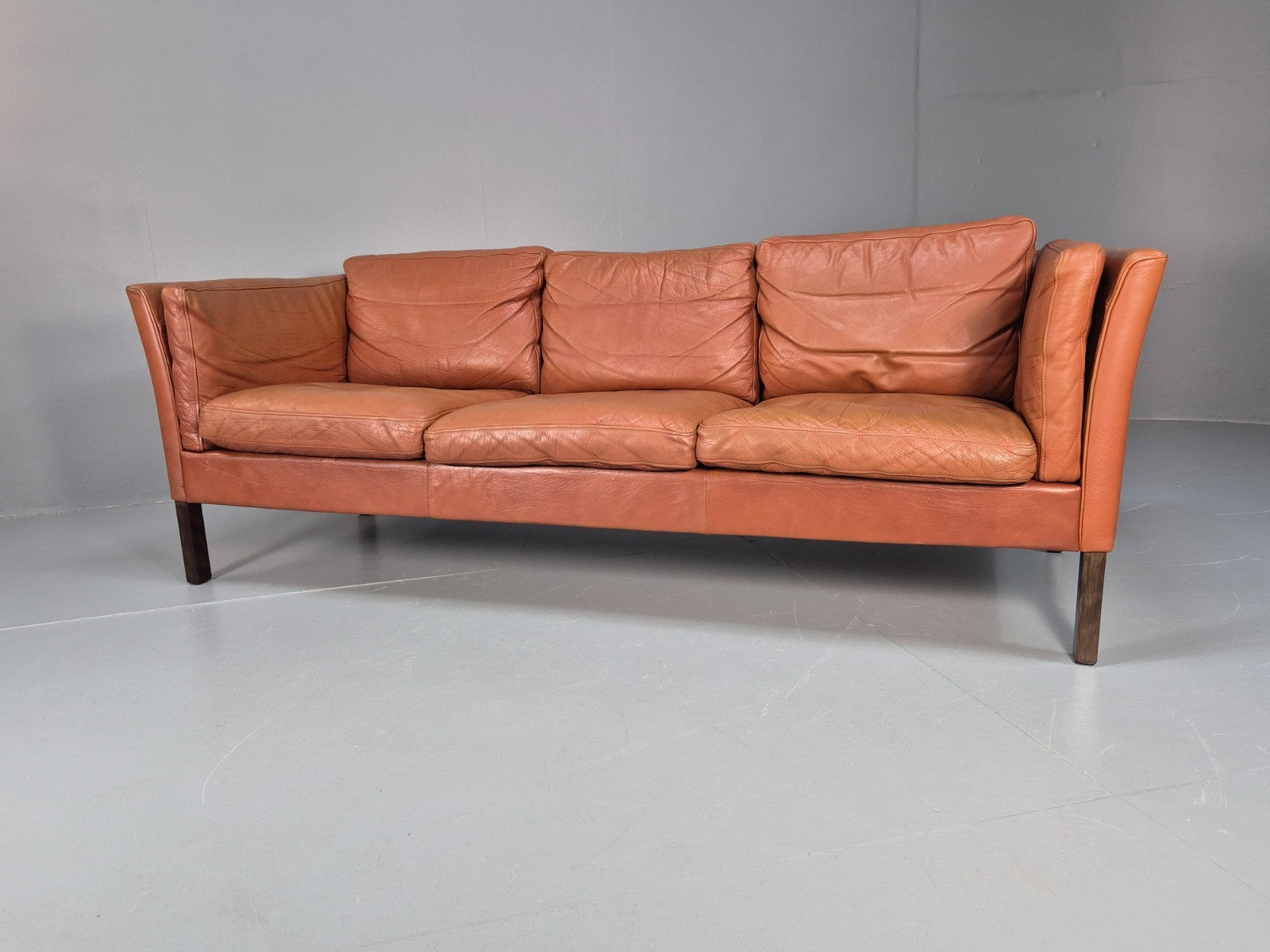 Retro Tan Leather Three Seater Sofa Vintage Danish Mid Century 1970 EB10078 M3SS6