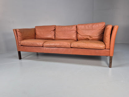 Retro Tan Leather Three Seater Sofa Vintage Danish Mid Century 1970 EB10078 M3SS6