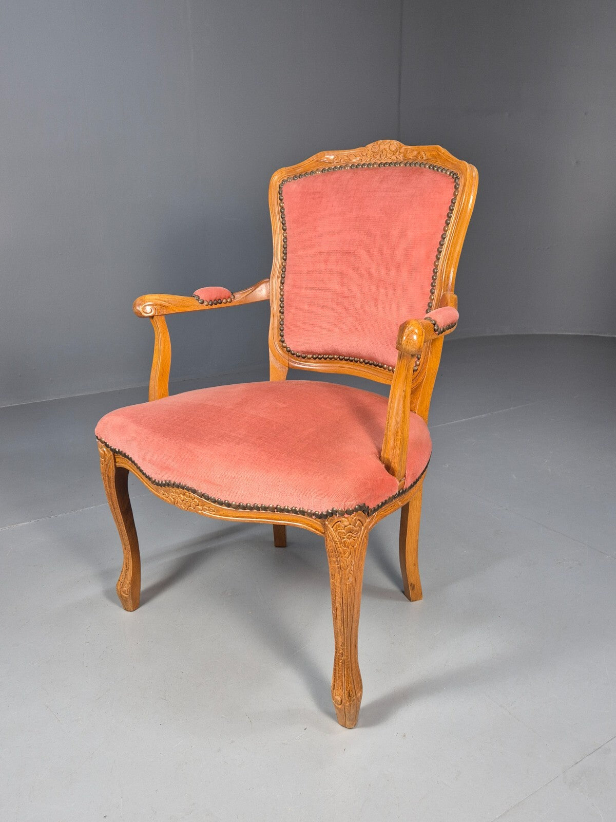 Vintage French Rococo Armchair Pink Velour Danish Repro 1970s EB9627 VCAR - UKDK FURNITURE