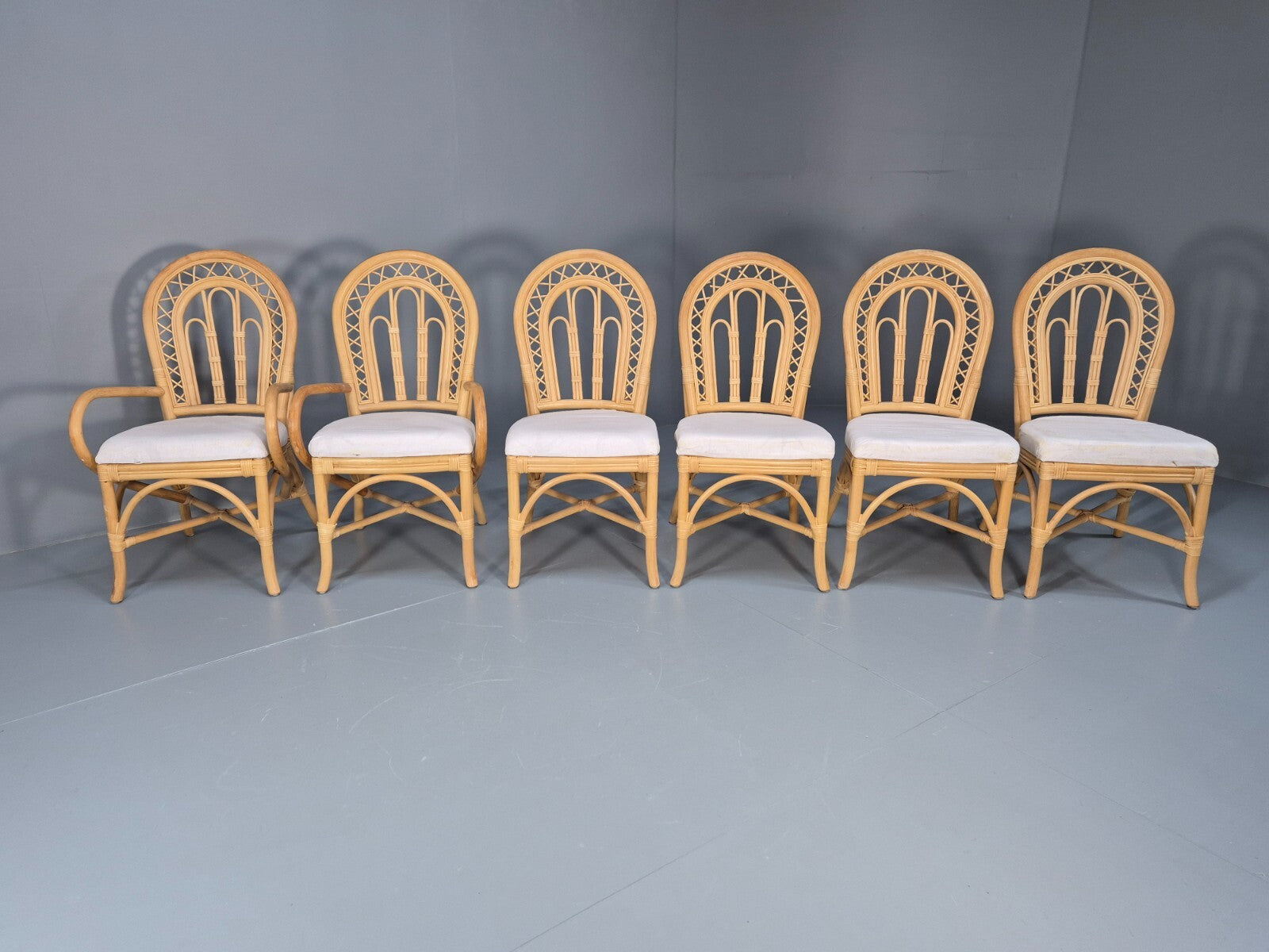 6 Vintage Cane Dining Chairs 1980s Retro 2 Carvers White Seat EB9704 VBER - UKDK FURNITURE