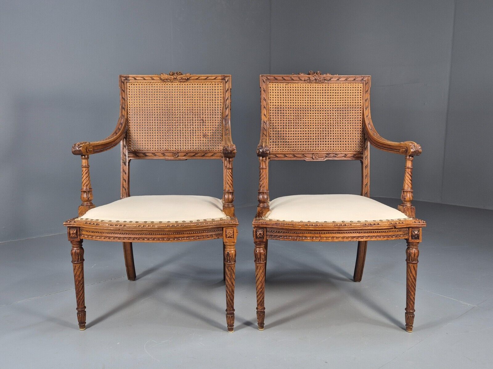 2 Vintage Danish Lounge Chairs Rattan Walnut Louis XVI Style Antique EB8995 VBER - UKDK FURNITURE