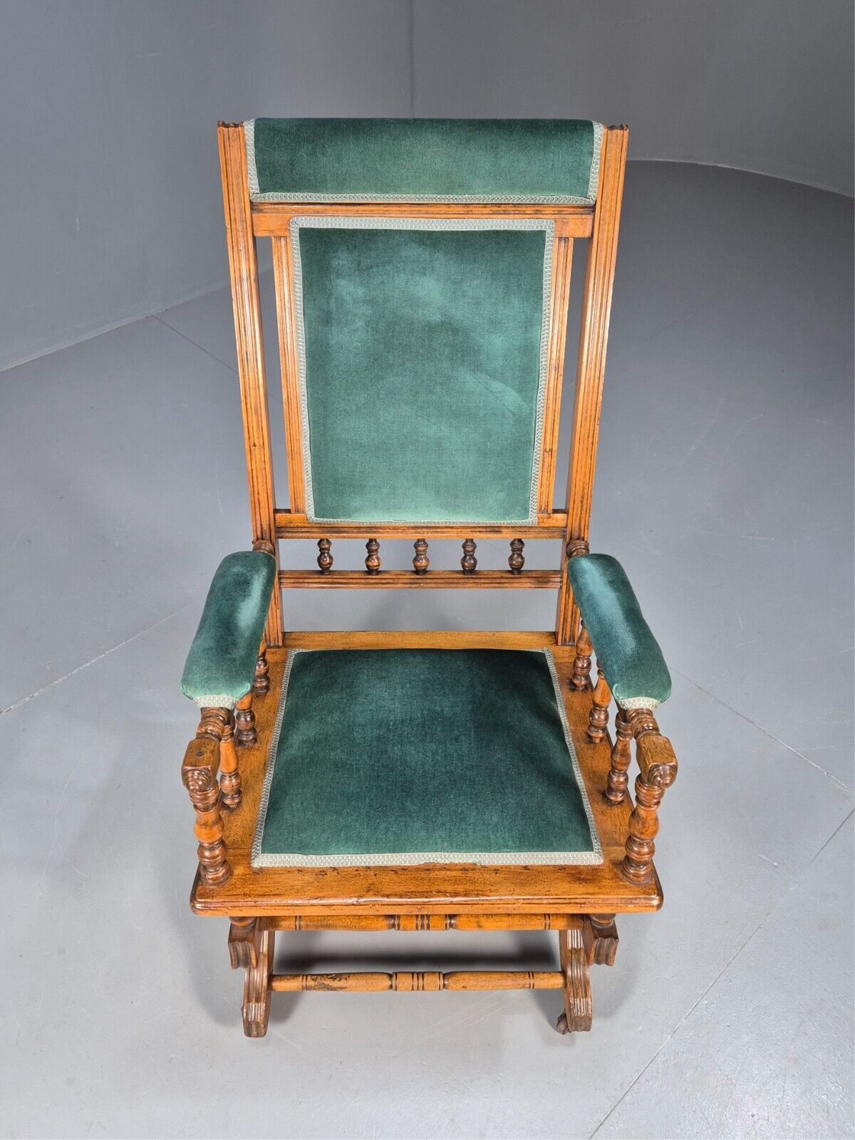 An Edwardian Mahogany Rocking Chair American Style Green Velvet EB9408 VCLO - UKDK FURNITURE
