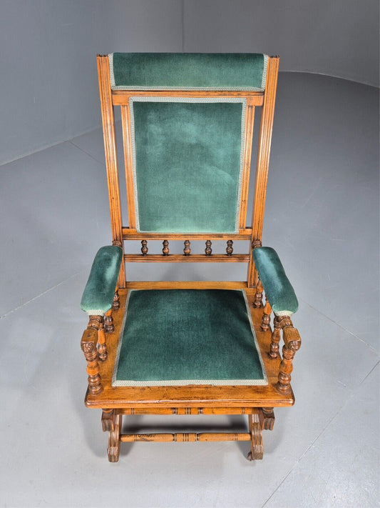 An Edwardian Mahogany Rocking Chair American Style Green Velvet EB9408 VCLO - UKDK FURNITURE
