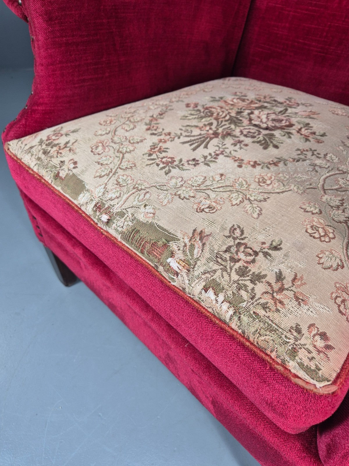 Wing Back Lounge Chair Red Velour Danish 1960s Georgian Style EB10754 VCLO3