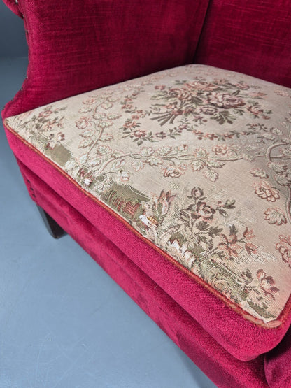 Wing Back Lounge Chair Red Velour Danish 1960s Georgian Style EB10754 VCLO3