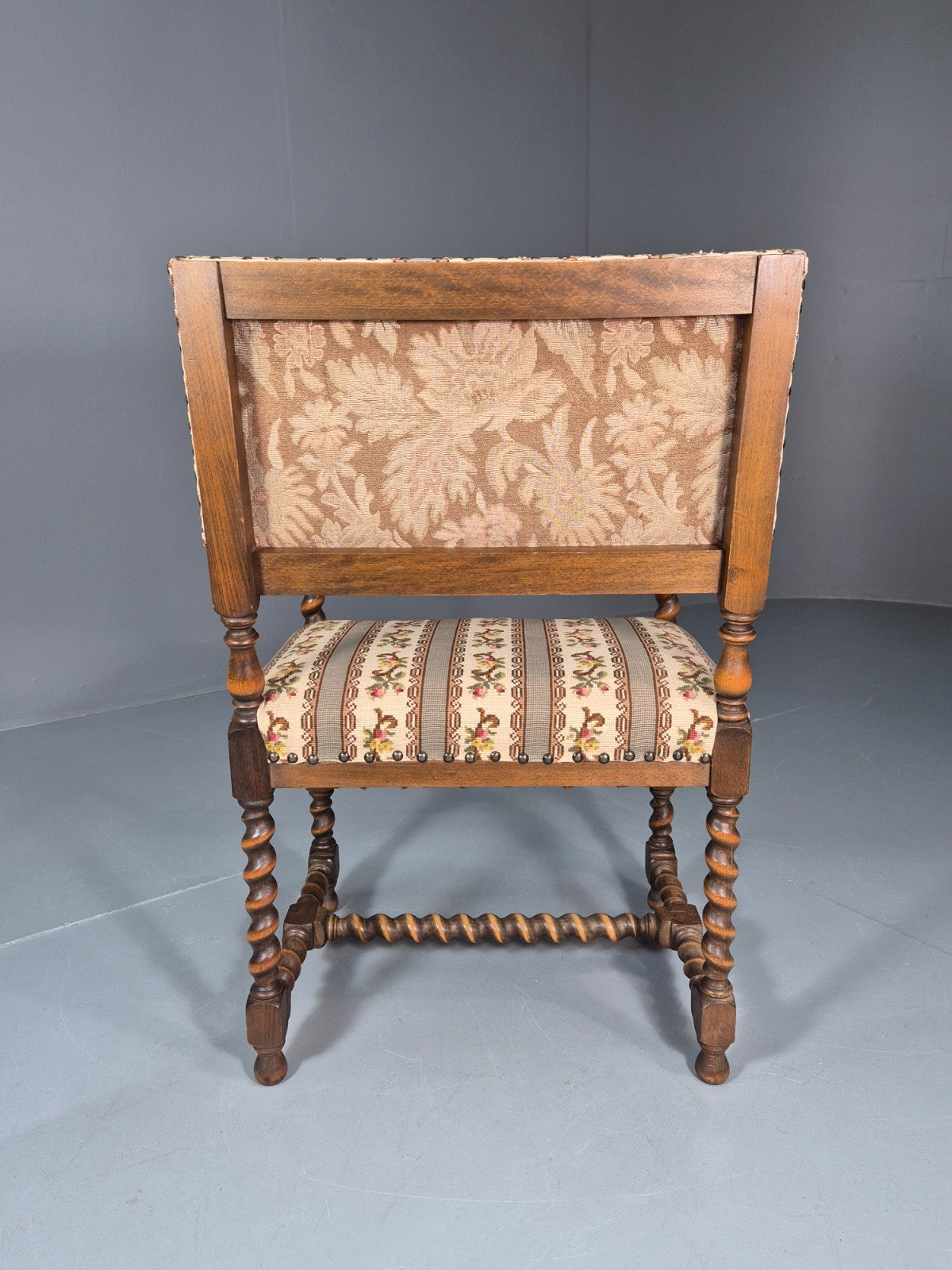 17th Century Style Carved Chair Lions Arms Barley Twist Frame 1960 EB10774 VCAR7