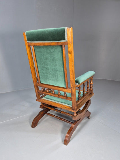 An Edwardian Mahogany Rocking Chair American Style Green Velvet EB9386 VCLO - UKDK FURNITURE