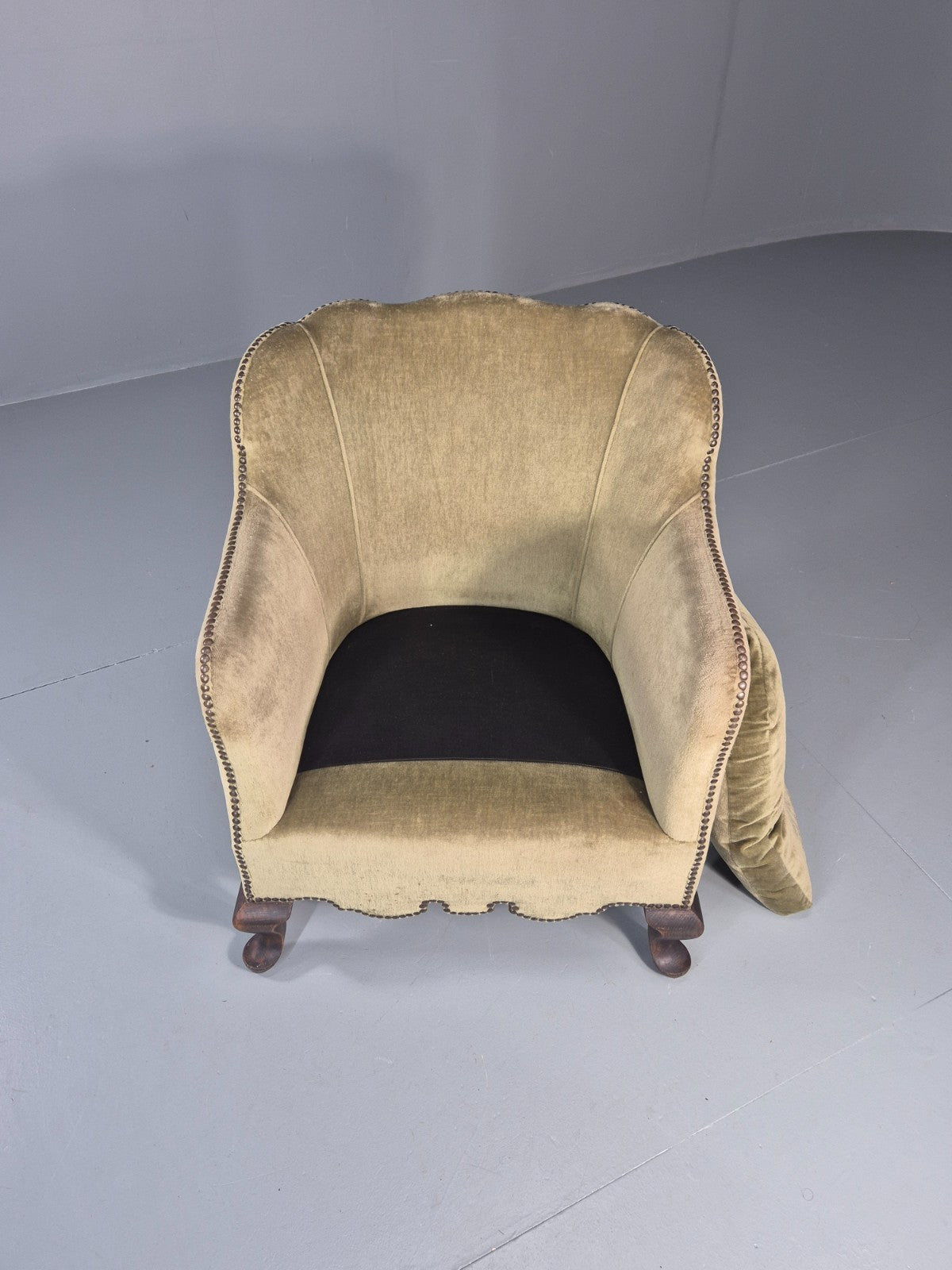 Danish Deco Lounge Chair 1930s Green Velour Stud Work Cabriole Leg EB11298 VCLO5