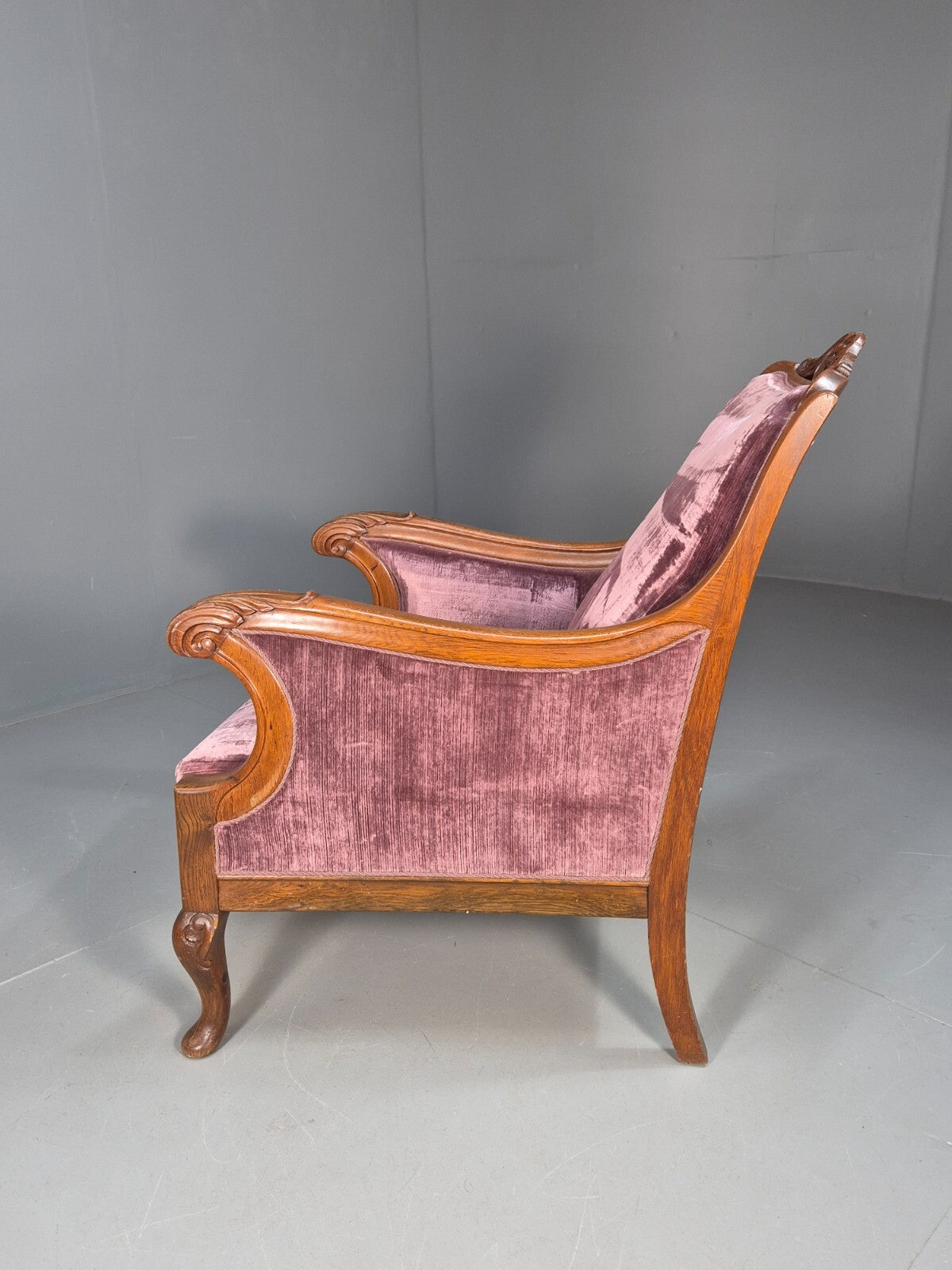 Vintage Danish Empire Chair Carved Oak Frame Purple Velvet Antique EB9616 VCAR - UKDK FURNITURE