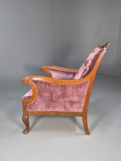 Vintage Danish Empire Chair Carved Oak Frame Purple Velvet Antique EB9616 VCAR - UKDK FURNITURE