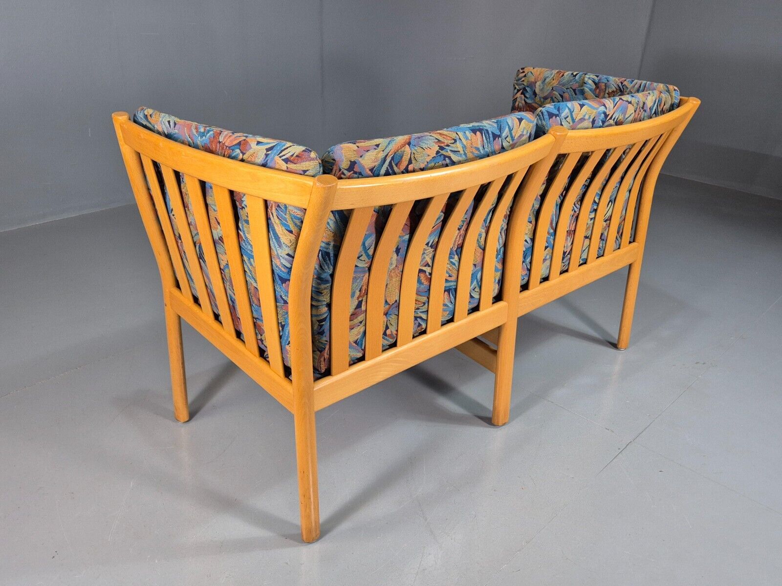 Vintage Danish 2 Seat Sofa Blue Floral Beech Frame 1980s Retro EB7453 M2SS - UKDK FURNITURE