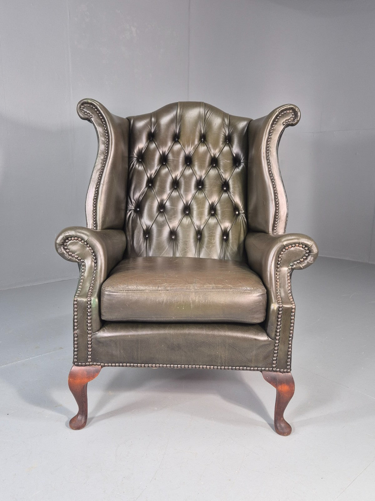 Vintage Wingback Leather Lounge Chair Queen Anne Style 1970s Retro EB11532 VLEA4