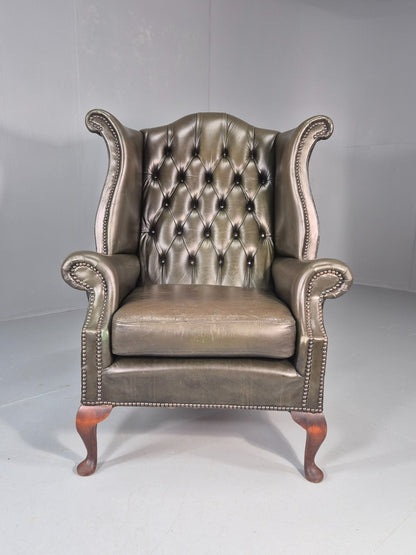 Vintage Wingback Leather Lounge Chair Queen Anne Style 1970s Retro EB11532 VLEA4