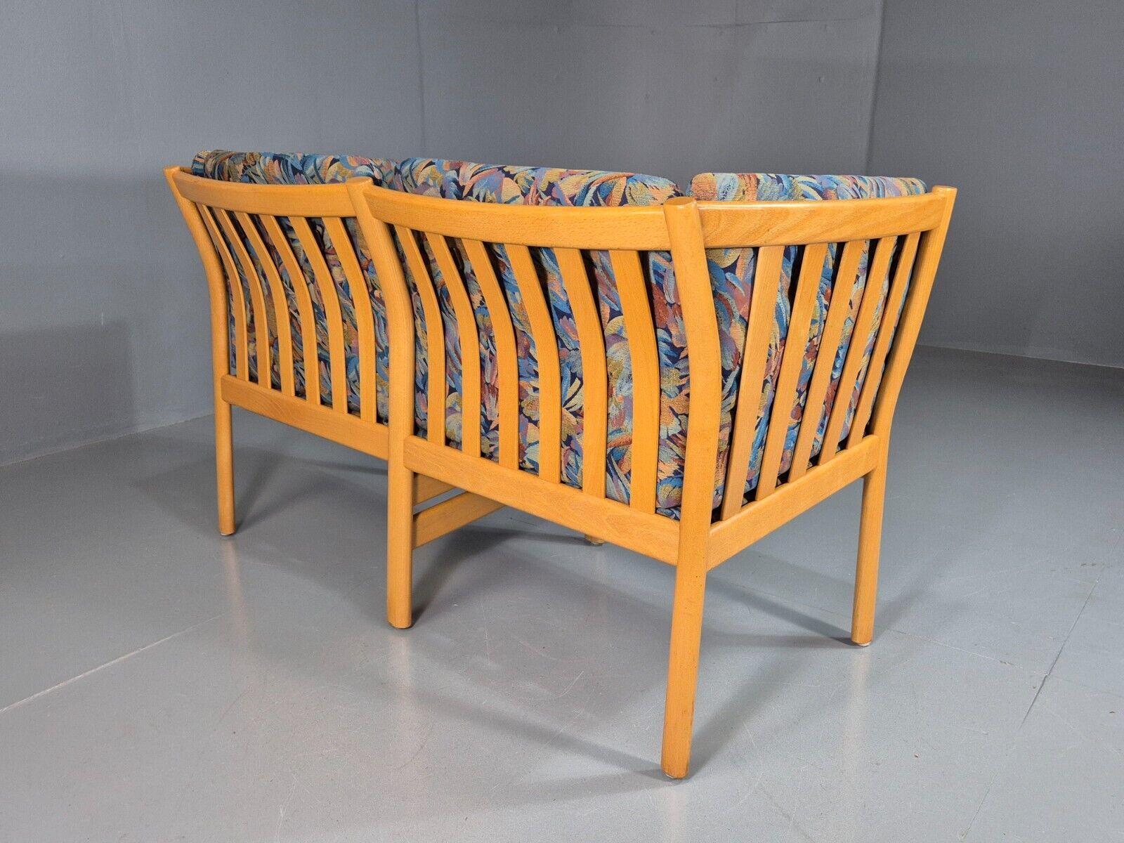 Vintage Danish 2 Seat Sofa Blue Floral Beech Frame 1980s Retro EB7453 M2SS - UKDK FURNITURE