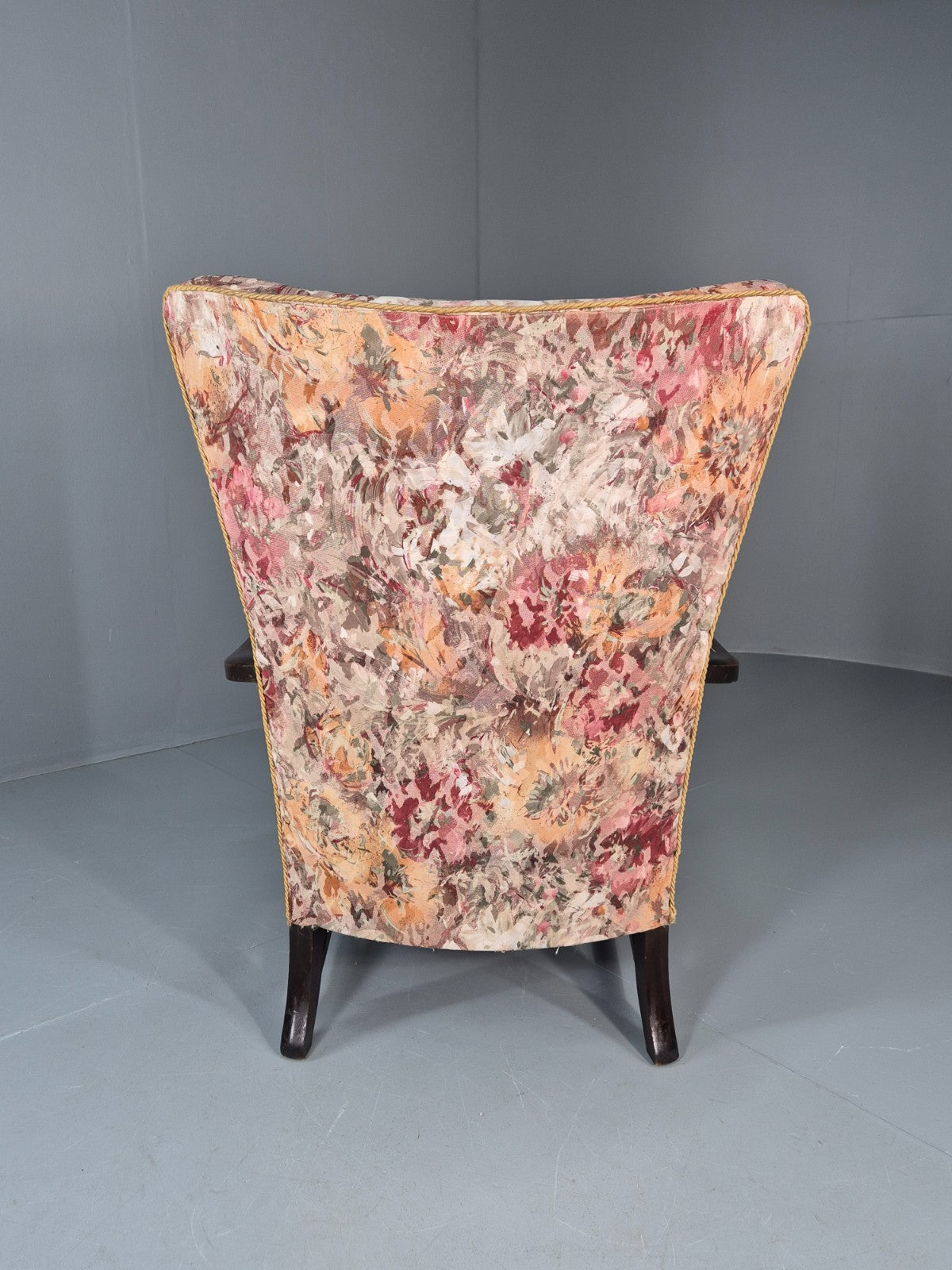 Vintage Carved Oak Chair Floral Fabric 1940s Traditional Curved EB10752 VCAR11