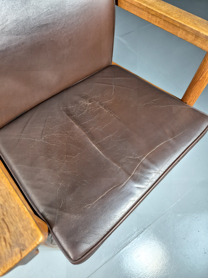Vintage Scandinavian Elbow Chair Brown Leather Oak Frame Retro MCM EB7074 MNOR - UKDK FURNITURE