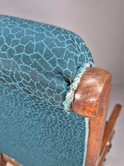 Antique Danish Oak Armchair Blue Pattern Fabric Vintage Design EB9625 VCLO - UKDK FURNITURE