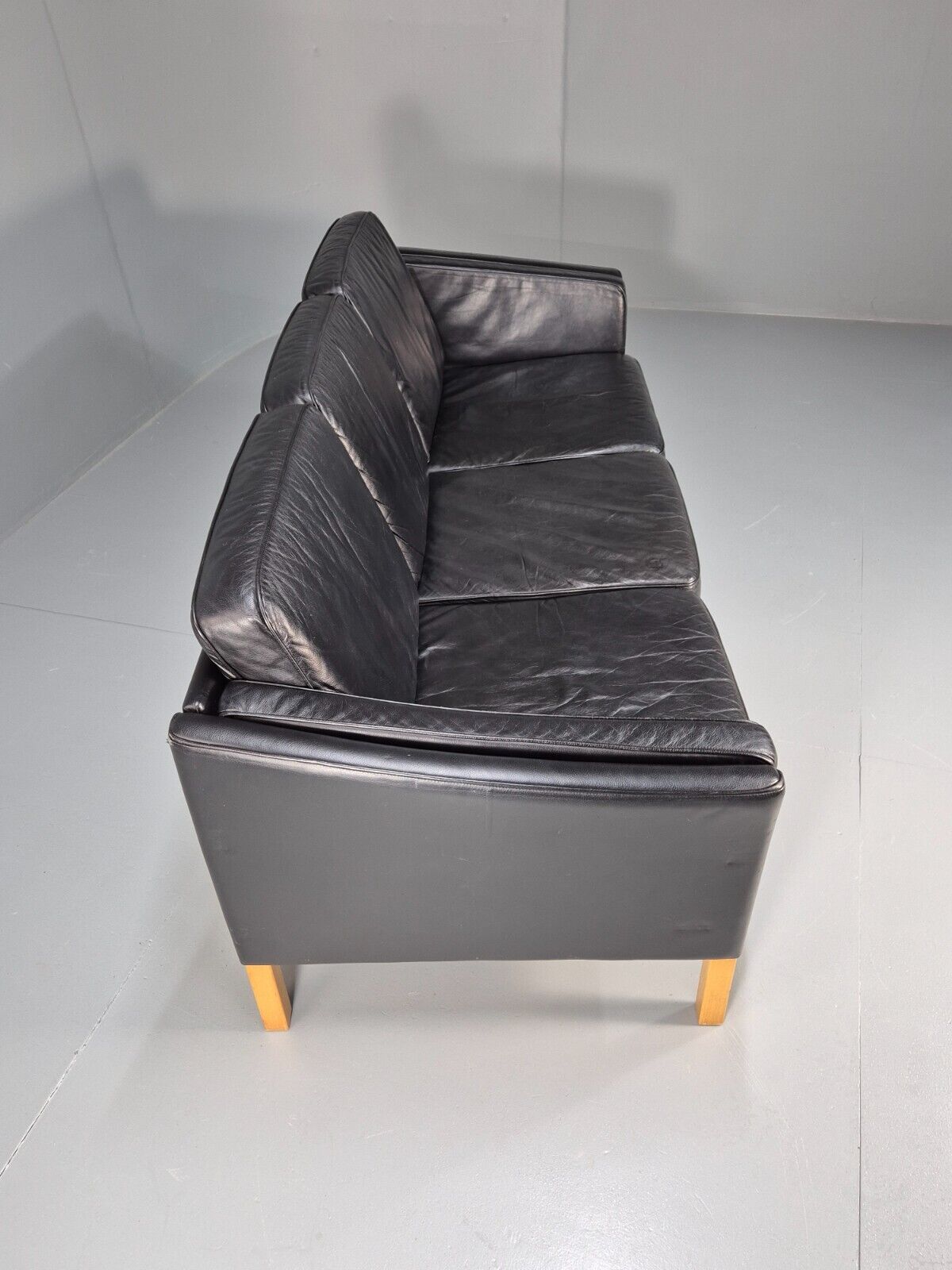 Vintage Danish 3 Seat Sofa Black Leather Straight back Arm Retro MCM EB8622 M3SS - UKDK FURNITURE