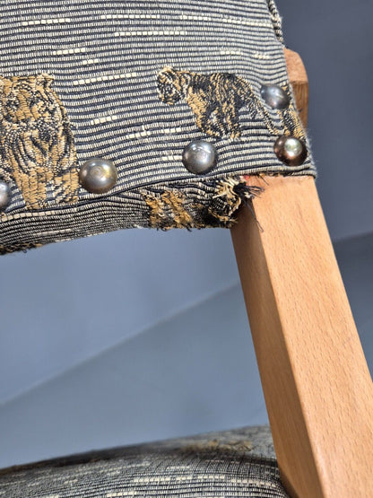 Vintage Danish Elbow Chair Tiger Motif Grey Beech Wood 1950s Retro EB8005 MDIN - UKDK FURNITURE