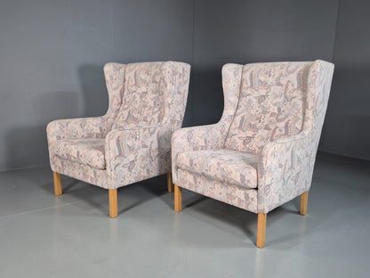 2 Vintage Danish Wing Back Lounge Chairs Cotton 1980s Fabric Retro EB8289 MNOR - UKDK FURNITURE