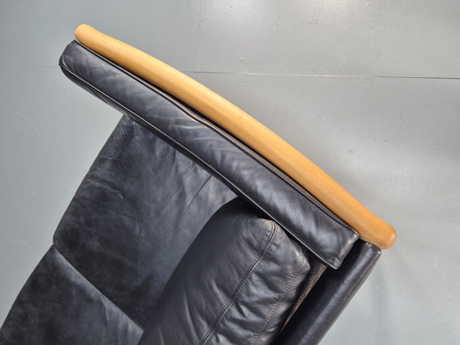 Vintage 3 Seat Sofa Black Leather Beech Ends Stouby Retro 1980s MCM EB8593 M3SS - UKDK FURNITURE