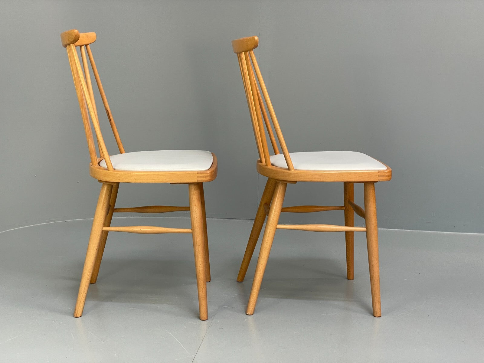 Mid Century Beech Dining Chairs Pair Off White Vinyl 1960s EB9779 MDIN - UKDK FURNITURE