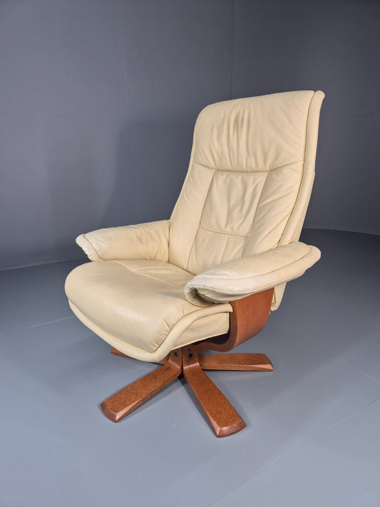 Vintage Swivel Recline Lounge Chair Danish Cream Leather 1990s EB11433 MSWI0