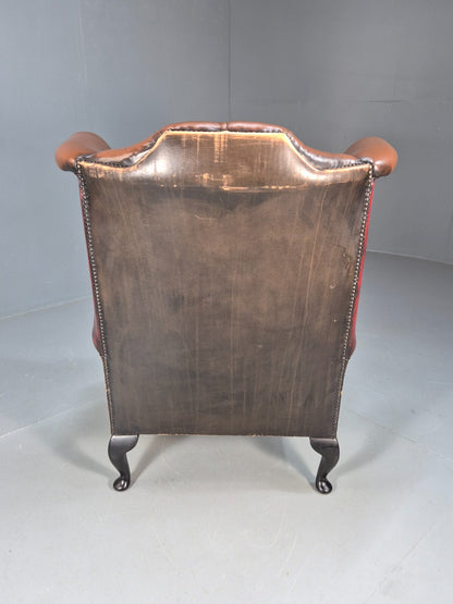 Vintage Leather Wingback Queen Anne Chair Brown 1980s Retro EB9543 VLEA - UKDK FURNITURE