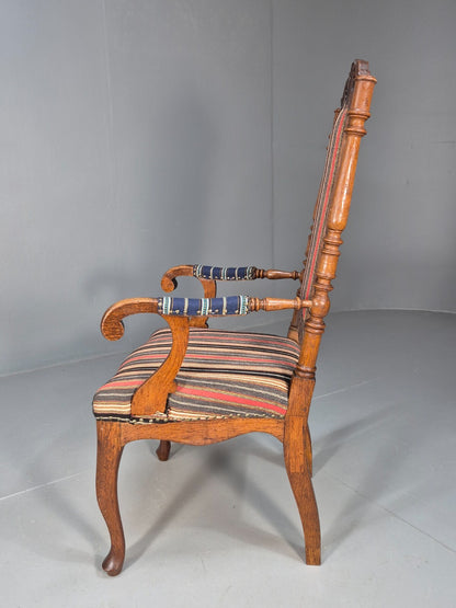 Vintage Danish Antique Armchair Early C20th Oak Frame Striped Wool EB8915 VCAR - UKDK FURNITURE