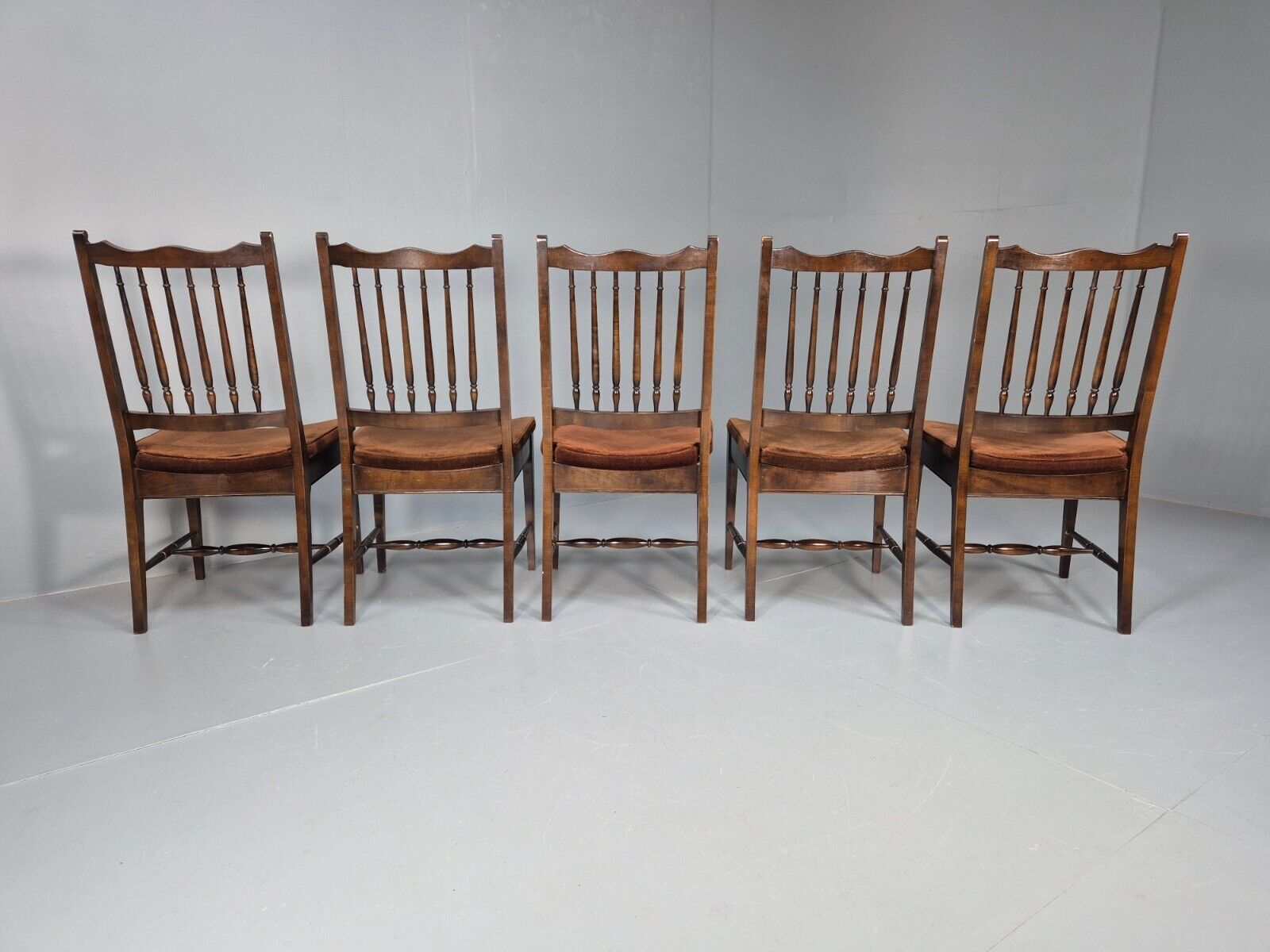 5 Vintage Dining Chairs Brown Velour Mahogany Stag 1970s Retro EB9148 VDIN - UKDK FURNITURE