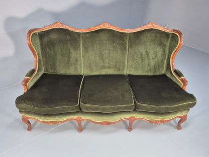 Vintage Rococo Style Three Seater Sofa Green Velour Carved Frame   EB10567 V3SS4