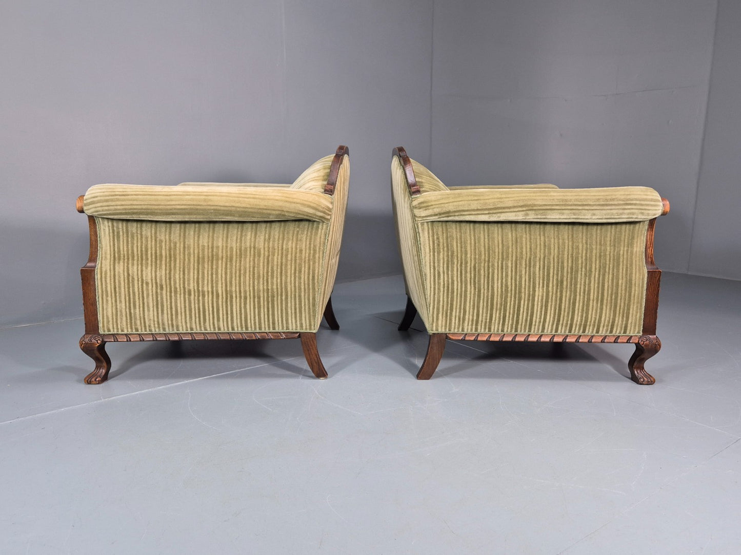 2 Antique Deep Lounge Chairs Oak Frame Green Corduroy 1900s  EB10758 VCAR9