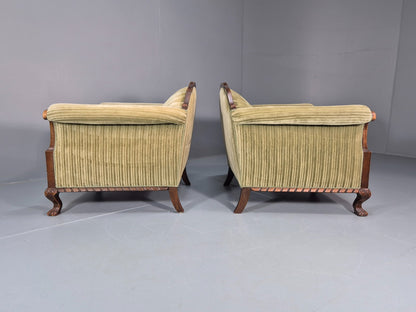 2 Antique Deep Lounge Chairs Oak Frame Green Corduroy 1900s  EB10758 VCAR9