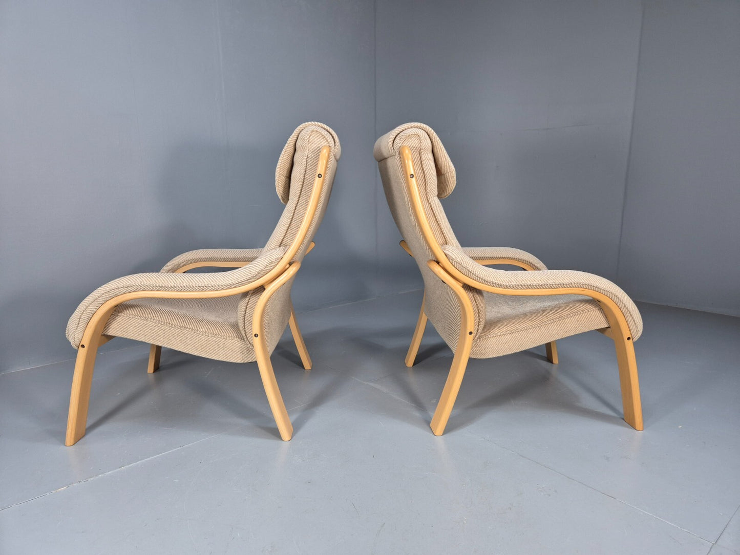 Bentwood Lounge Chairs Pair Oatmeal Fabric Beech Wood Danish Design EB9251 MBEN - UKDK FURNITURE