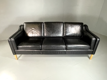 Three Seater Leather Sofa Black Vintage Danish Mogensen MCM Retro EB5864 M3SS4