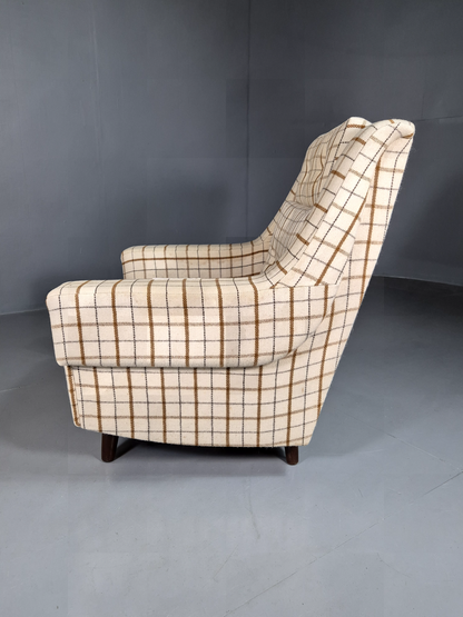 Vintage Danish Lounge Chair Cream Wool Checkered 1970s Retro MCM EB7381 MNOR - UKDK FURNITURE