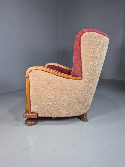 Vintage Danish Lounge Chair Red Moquette Oak Shell Back Antique 1930 EB8280 VCLO - UKDK FURNITURE