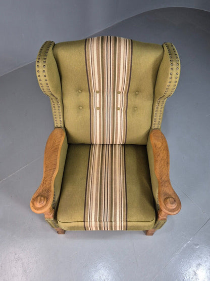 Vintage Danish Green Striped Wingback Armchair Oak Studded Skippers EB8044 MNOR - UKDK FURNITURE