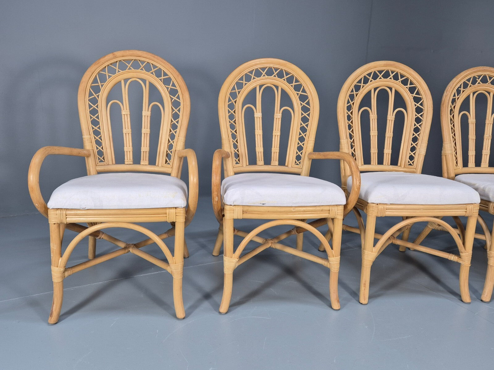 6 Vintage Cane Dining Chairs 1980s Retro 2 Carvers White Seat EB9704 VBER - UKDK FURNITURE