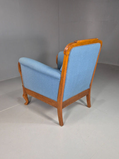 Vintage Danish Lounge Chair Blue Cloth Oak Frame 1900s Antique VCLO EB7813 - UKDK FURNITURE
